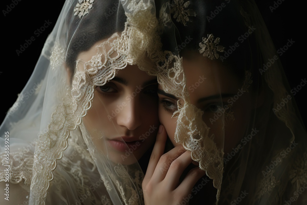 A bride veiling her eyes playfully for the photographer A bride veiling her eyes playfully for the photographer