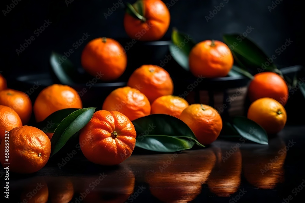 Look closely at tangerines in a studio, with a dark background.. AI Generated Look closely at tangerines in a studio, with a dark background.. AI Generated