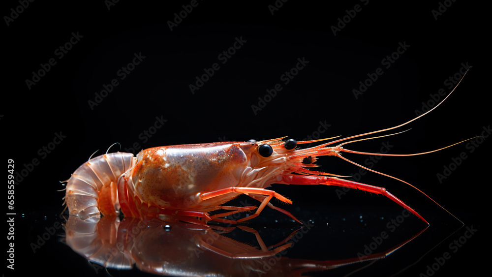 Shrimp on black background, in the style of contemporary realist portrait. Shrimp on black background, in the style of contemporary realist portrait.