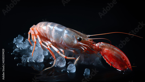 Shrimp on black background  in the style of contemporary realist portrait.