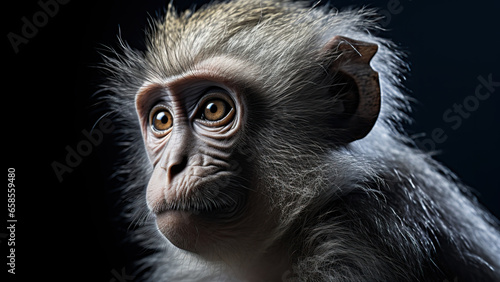 monkey on black background, in the style of contemporary realist portrait.