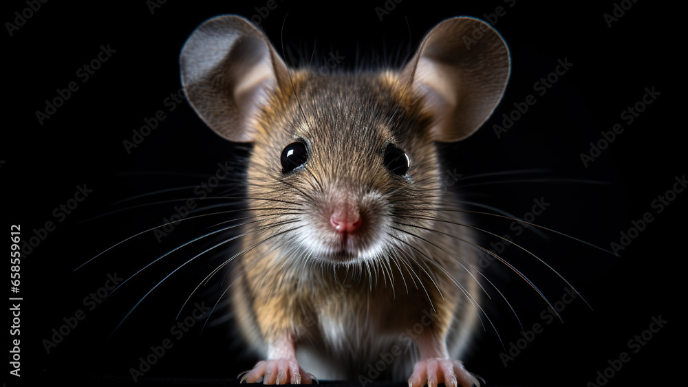 Mouse on black background, in the style of contemporary realist portrait. Mouse on black background, in the style of contemporary realist portrait.