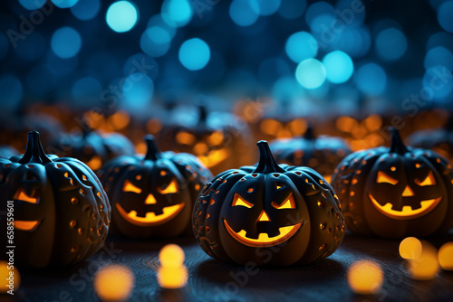 Halloween background illustration featuring a vibrant palette of blue and orange pumpkins. Ai generated