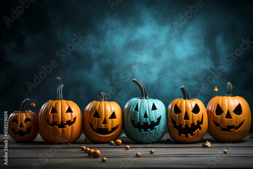 Halloween background illustration featuring a vibrant palette of blue and orange pumpkins. Ai generated