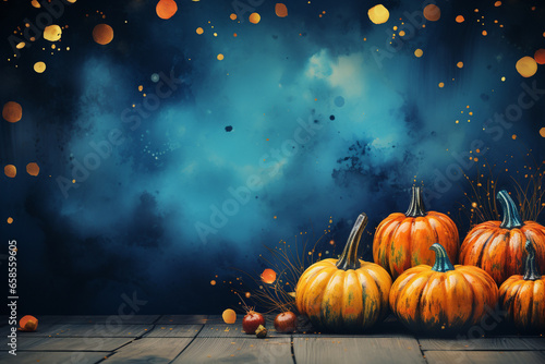 Halloween background illustration featuring a vibrant palette of blue and orange pumpkins. Ai generated