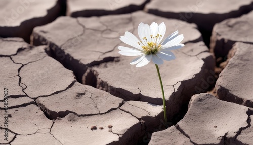 concept of thirst and famine. A tiny white flower appeared through the cracked, dry ground.Copy space for text, advertising, message, logo