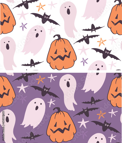 Happy Halloween - cute hand drawn doodle pattern background. Scary night design.