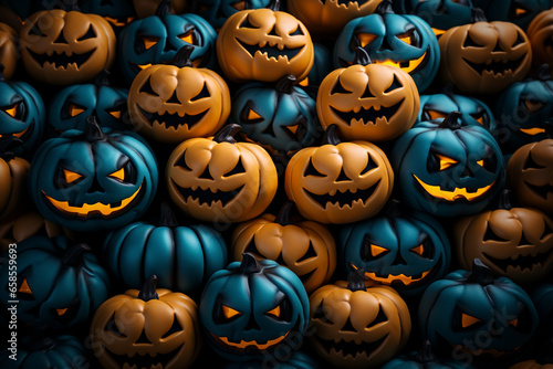 Halloween background illustration featuring a vibrant palette of blue and orange pumpkins. Ai generated