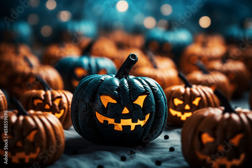 Halloween background illustration featuring a vibrant palette of blue and orange pumpkins. Ai generated