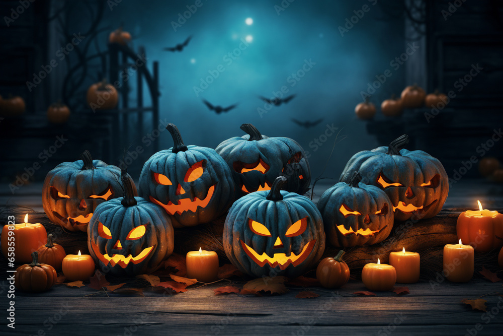 Halloween background illustration featuring a vibrant palette of blue and orange pumpkins. Ai generated Halloween background illustration featuring a vibrant palette of blue and orange pumpkins. Ai generated