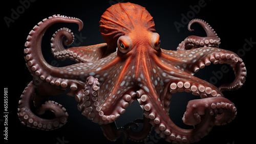 Octopus on black background, in the style of contemporary realist portrait.