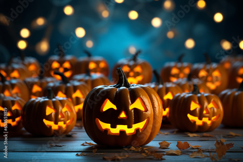 Halloween background illustration featuring a vibrant palette of blue and orange pumpkins. Ai generated © twindesigner