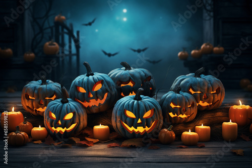 Halloween background illustration featuring a vibrant palette of blue and orange pumpkins. Ai generated
