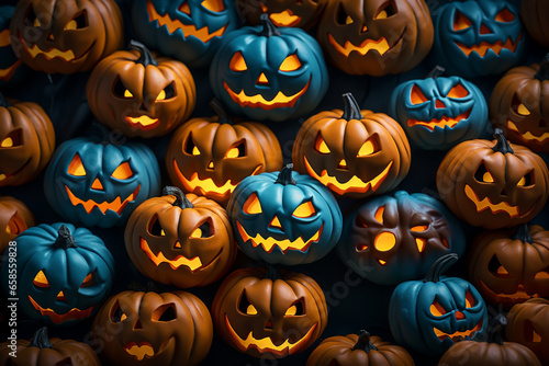 Halloween background illustration featuring a vibrant palette of blue and orange pumpkins. Ai generated