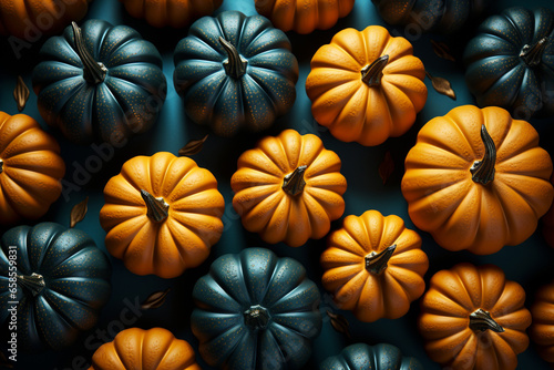 Halloween background illustration featuring a vibrant palette of blue and orange pumpkins. Ai generated