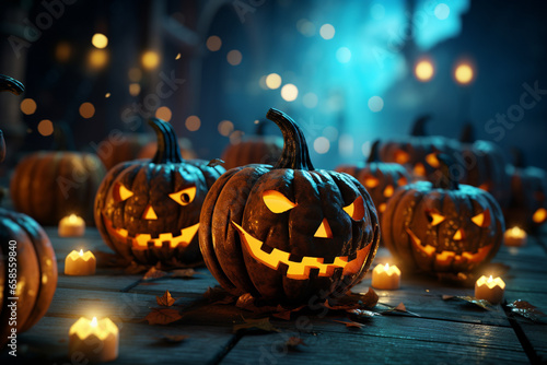 Halloween background illustration featuring a vibrant palette of blue and orange pumpkins. Ai generated
