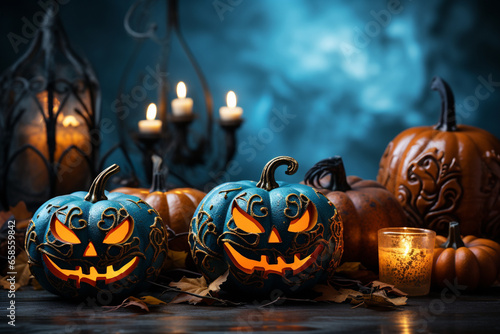 Halloween background illustration featuring a vibrant palette of blue and orange pumpkins. Ai generated