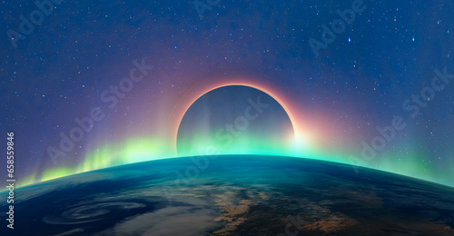 Solar Eclipse with aurora borealis "Elements of this image furnished by NASA " © muratart