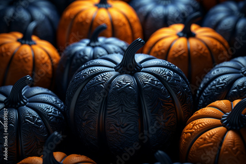 Halloween background illustration featuring a vibrant palette of blue and orange pumpkins. Ai generated