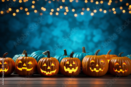 Halloween background illustration featuring a vibrant palette of blue and orange pumpkins. Ai generated