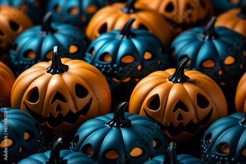 Halloween background illustration featuring a vibrant palette of blue and orange pumpkins. Ai generated