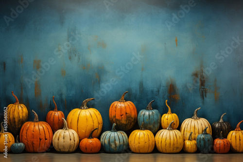 Halloween background illustration featuring a vibrant palette of blue and orange pumpkins. Ai generated