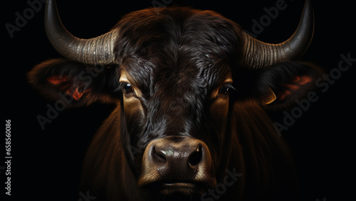 Bull on black background, in the style of contemporary realism portrait.