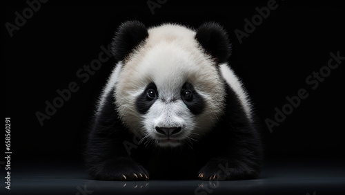 Panda on black background, in the style of contemporary realism portrait.