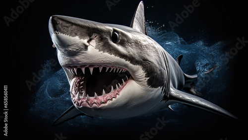 Shark on black background, in the style of contemporary realism portrait. © Andriy