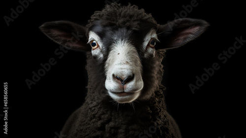 Sheep on black background, in the style of contemporary realist portrait