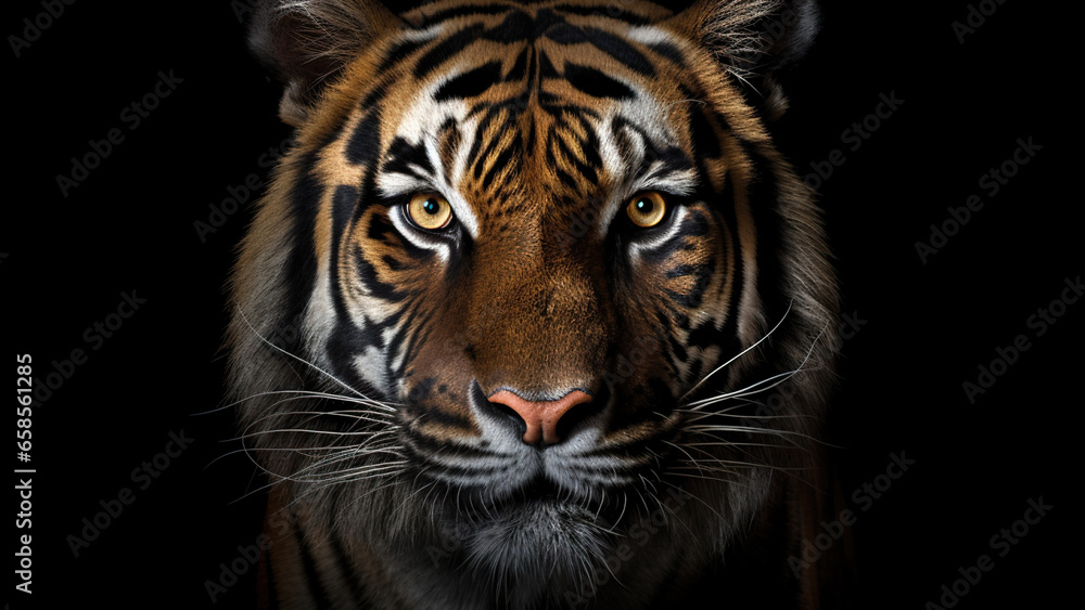 Tiger on black background, in the style of contemporary realist portrait.