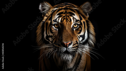 Tiger on black background  in the style of contemporary realist portrait