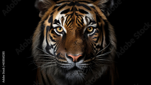 Tiger on black background  in the style of contemporary realist portrait.