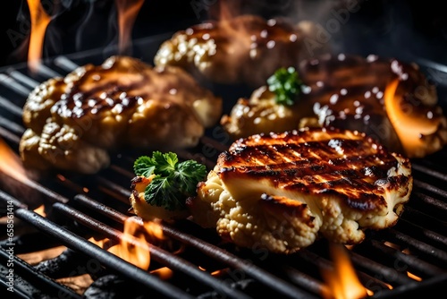 ﻿The camera gets closer to BBQ Cauliflower Steaks being cooked on a grill with flames in the background.. AI Generated