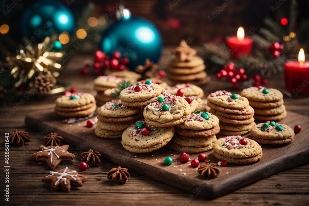 Composition with tasty Christmas cookies on wooden background. Generative Ai.