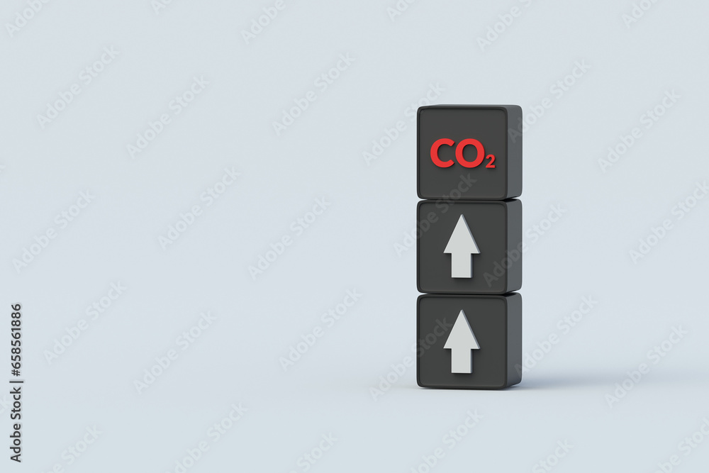 Arrows and co2 symbol on cubes. Increased amount of harmful substances. Negative impact of factories on the environment. Growth pollution. Climate change. 3d render Arrows and co2 symbol on cubes. Increased amount of harmful substances. Negative impact of factories on the environment. Growth pollution. Climate change. 3d render