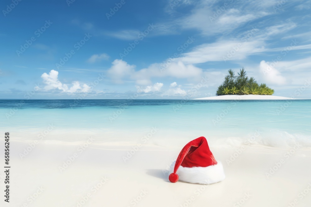 Santa beach hat. Ocean sand. Generate Ai Santa beach hat. Ocean sand. Generate Ai