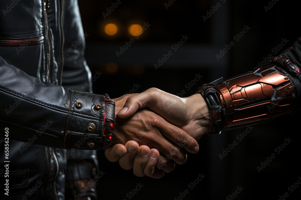 Handshake between a robot and a human, symbolizing the synergy between technology and humanity. Ai generated