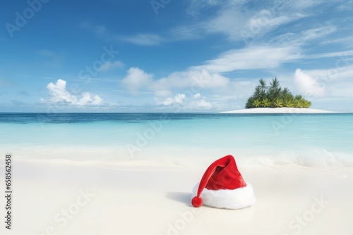 Santa beach hat. Ocean sand. Generate Ai