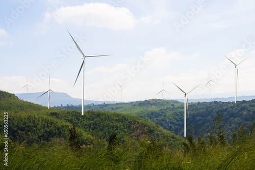 Energy Wind Mill Turbine Power on Green Mountain,Electronic Technology Generator windmill Industy,Electric Farm Renewable Environment sustainable Plant in Park Field,Co2 Nature Electricity.