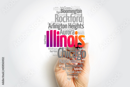 List of cities in Illinois USA state, map silhouette word cloud map concept photo