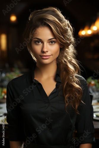 Beautiful young female chef in the kitchen