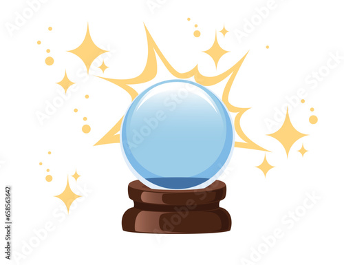 Transparent blue magic ball on wooden stand vector illustration isolated on white background
