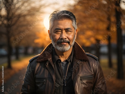 full body portrait of handsome mature black bearded japan male with short black hair and brown eyes, wearing Leather Jacket during late autumn sunset with a sunflares in the background. Generative Ai.