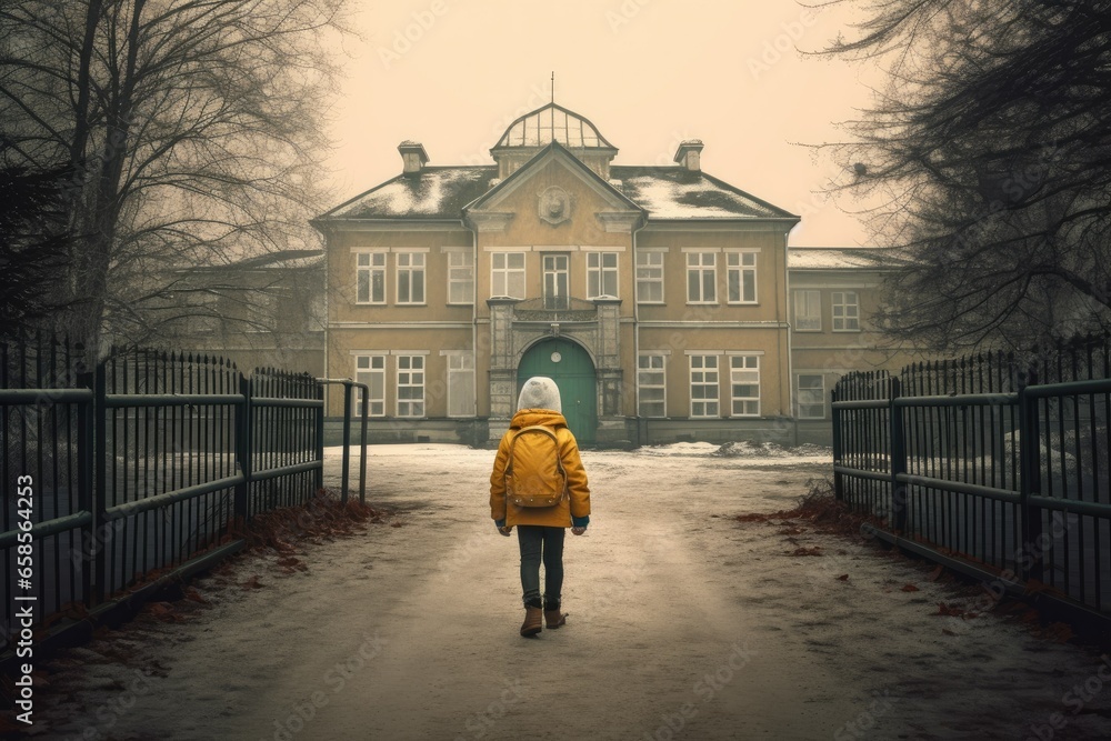Child with schoolbag walking to school Child with schoolbag walking to school
