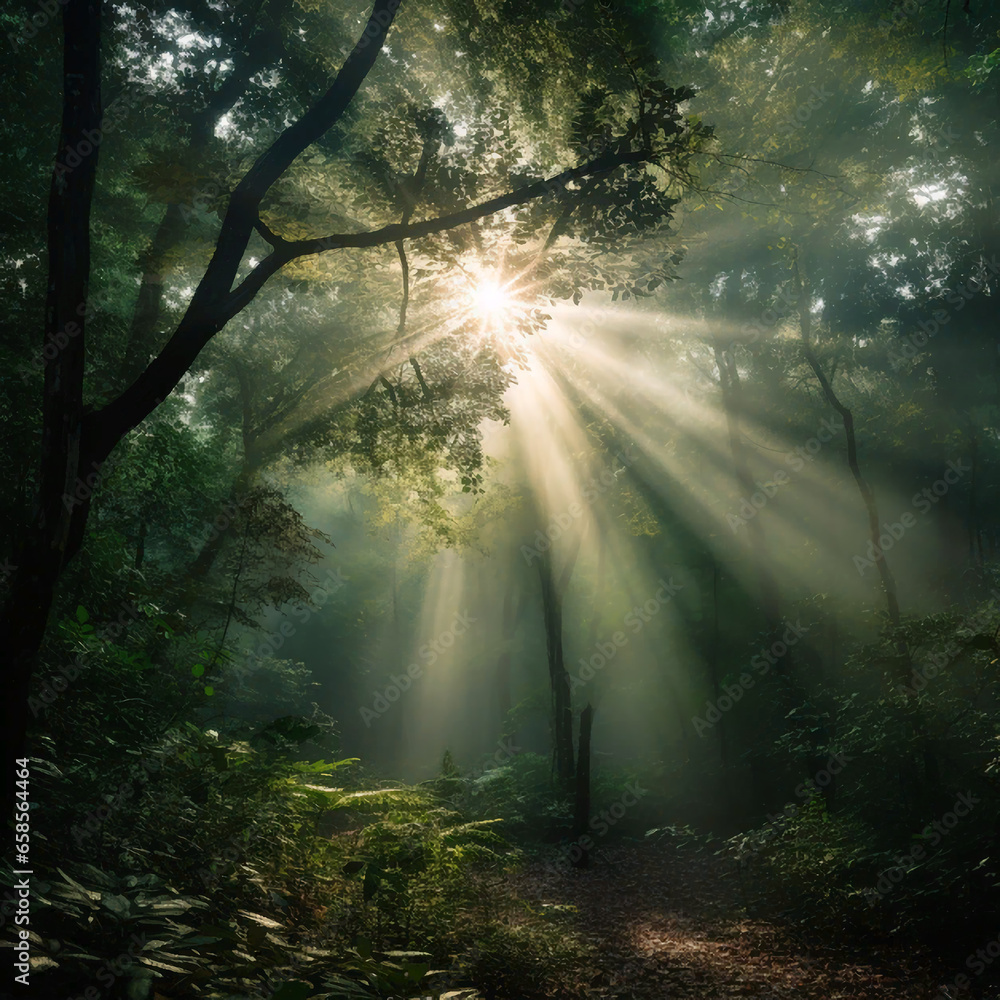 the sun breaks through the trees in the forest, AI Generated