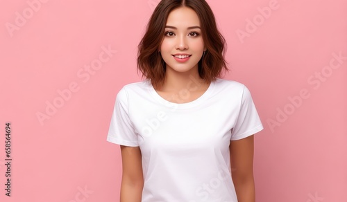 portrait of a young woman with a pink background wearing a white shirt mockup by Bella Canvas. T-shirt design mockup and print presentation. Copy space for text, advertising, message, logo