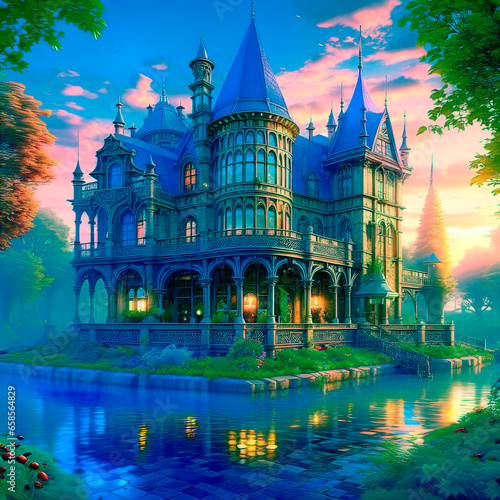  Magic castle in the mist. Digital painting. Fantasy landscape. Illustration.