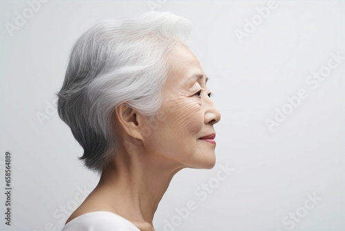 日本人シニア女性の横顔（おばあさん・おばあちゃん・アジア人・白背景・背景なし）