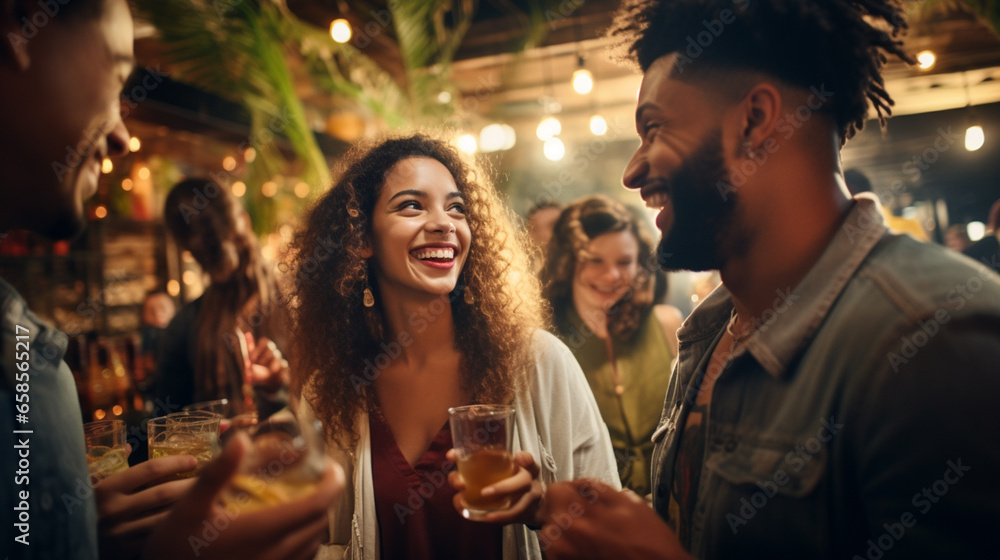 Multiracial friends celebrating party drinking cocktails at bar restaurant - Young people having fun hanging out on weekend day - Life style concept with guys and girls enjoying time together